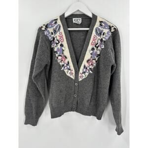 Koret Vintage Cardigan Sweater Womens Petite Small Gray Floral Embroidered Wool